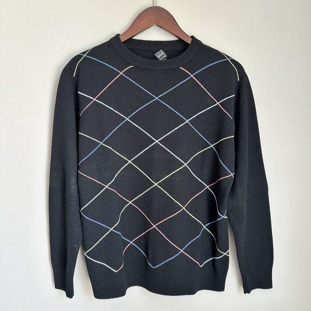 Ike Behar NY Medium Black Argyle Cashmere Sweater Crewneck Preppy Country Club